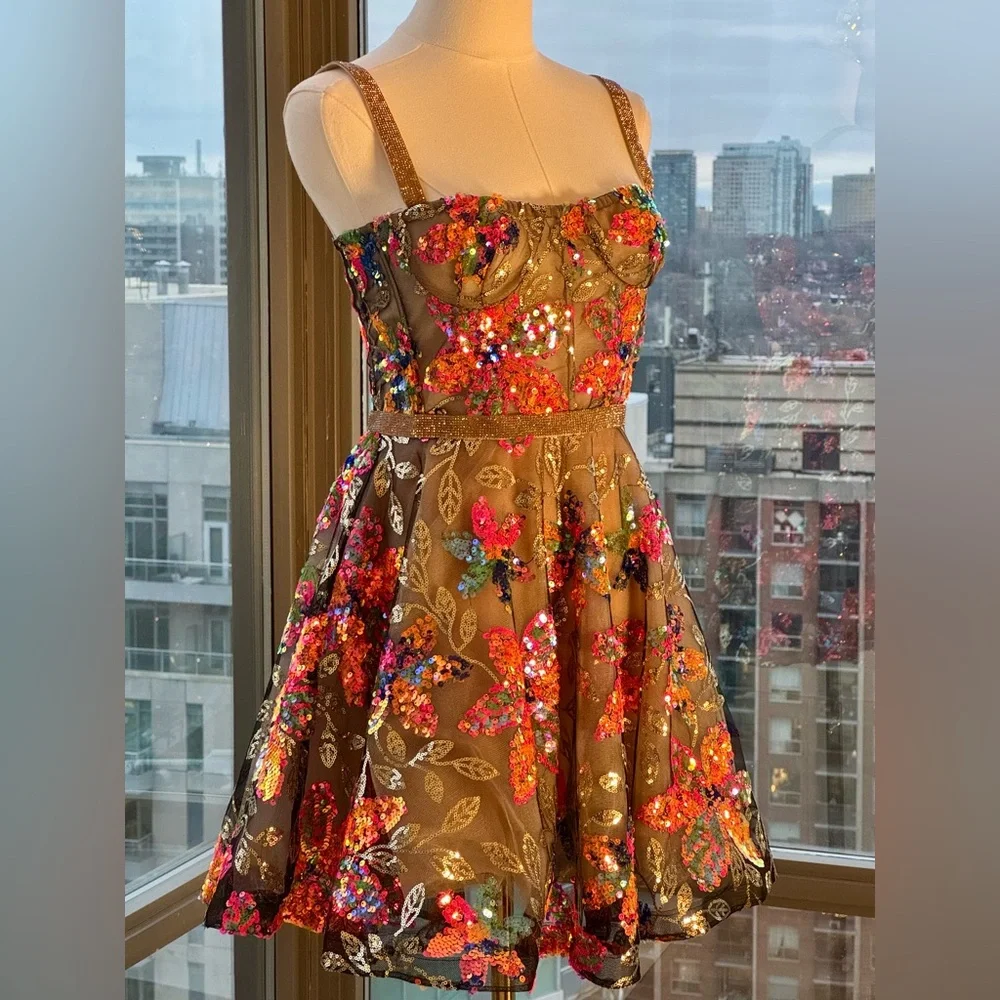 🆕 BRONX & BANCO 🧿 NWOT Mademoiselle Floral Sequin Fit-&-Flare Dress Sz XS US 2 - Picture 11 of 16